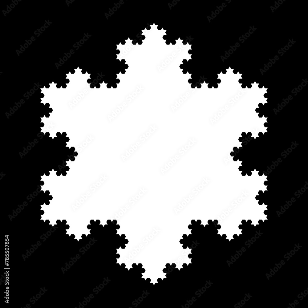 White Koch snowflake, a fractal curve, fifth iteration, over black. Starting with an equilateral triangle, each successive stage is formed by adding outward jags to each side of the previous stage. White Koch snowflake, a fractal curve, fifth iteration, over black. Starting with an equilateral triangle, each successive stage is formed by adding outward jags to each side of the previous stage.