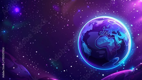 Earth cartoon banner with glowing sphere in outer space. Ocean protection, scientific research, eco conservation, galaxy travel.