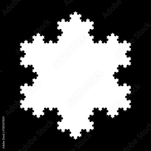 White Koch snowflake, a fractal curve, fifth iteration, over black. Starting with an equilateral triangle, each successive stage is formed by adding outward jags to each side of the previous stage.