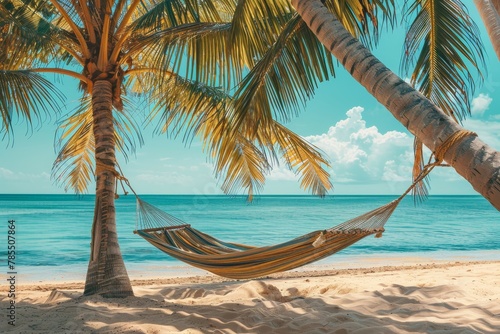 Relaxing vacation on tropical island. palm tree, hammock, and crystal clear blue sea
