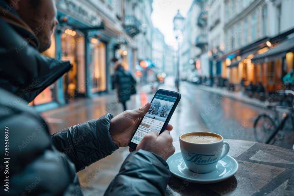 Man reading breaking news on smartphone at cafe table in city, sipping morning coffee Man reading breaking news on smartphone at cafe table in city, sipping morning coffee