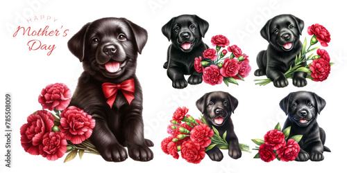 Labrador retriever puppy and red carnation watercolor illustration material set
