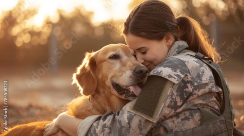 A woman is hugging a dog in a military uniform