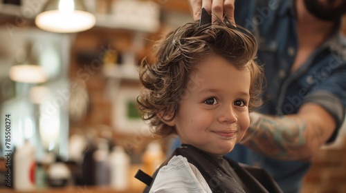 A young boy is getting his hair cut by a man in a barber shop