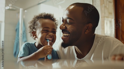 A man and a child are brushing their teeth together photo