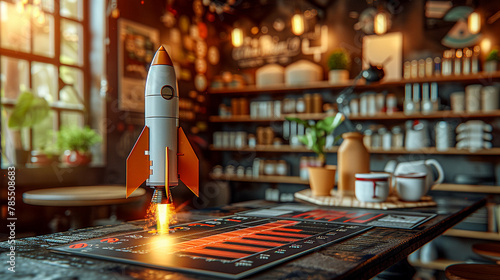 A toy rocket launching from a board game in a cozy cafe filled with plants and pottery. photo