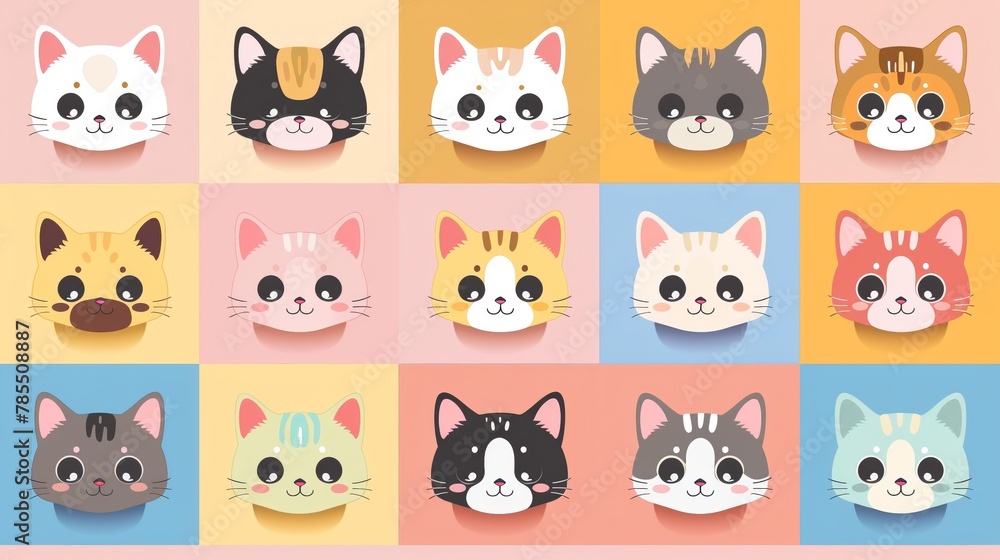 A 3x5 grid of various cartoon cat heads A 3x5 grid of various cartoon cat heads