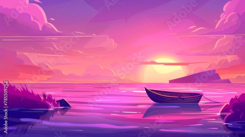 In this illustration you can see an interesting parallax background with a sunrise in ocean with a boat floating under pink sky on a calm water surface. There are separated layers of wooden skiff photo