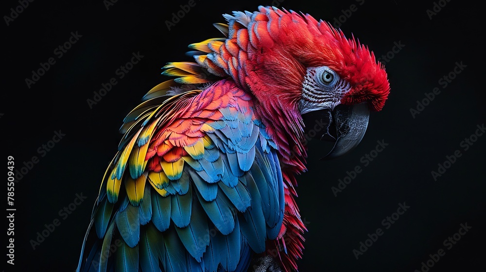 Obraz premium Lush details in a parrot's rainbow plumage against dark backdrop