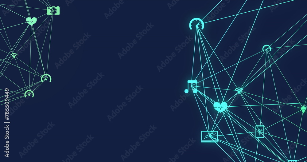 Image of network of connections with icons on blue background