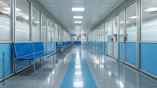 Sleek and professional modern clinic hallway with clean design and professional atmosphere