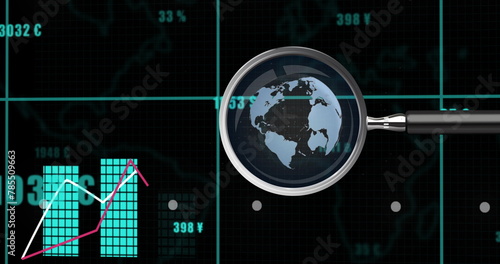 Image of world map and magnifying glass over financial data processing