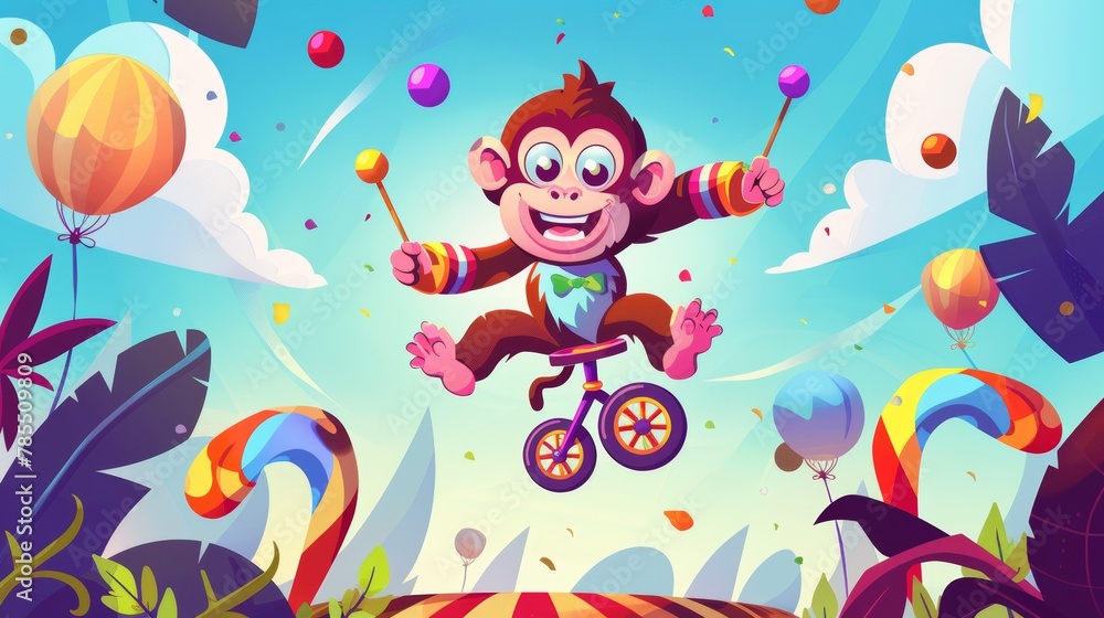 A circus banner with a monkey on a monocycle juggling clubs. An illustration of a funny ape with a juggle club on a unicycle.