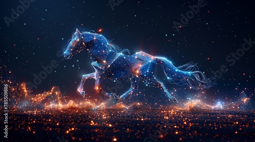 Modern strategy illustration of an abstract mash line and point CHESS HORSE on white background with an inscription. Starry night sky or space with stars and the universe included. © Niko
