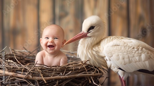 Young baby smiling in a nest next to a stork 01