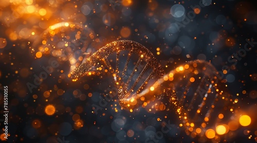 This is a low polygonal illustration of DNA with a golden dust effect. Sparkle stardust modern illustration on a dark background. Polygonal wireframe science concept using dots and lines.