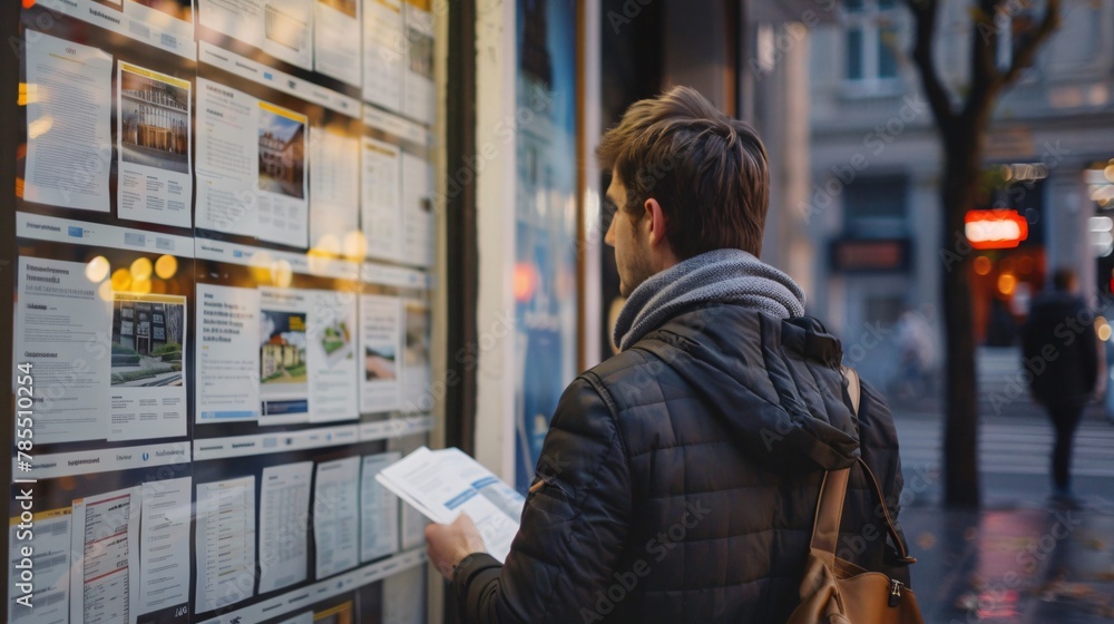 Urban scene: A man examining property listings displayed in a real estate agency window Urban scene: A man examining property listings displayed in a real estate agency window