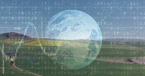 Image of financial data processing binary coding over earth and countryside