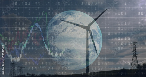 Image of financial data processing binary coding over earth and wind turbine