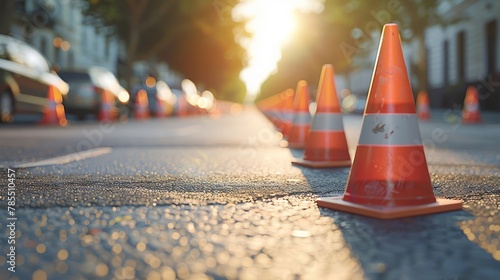 Row of orange traffic cones on sunlit asphalt road, signaling construction zone ahead