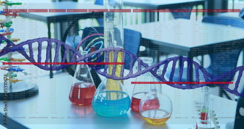 Image of dna strand over lab