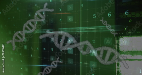 Image of data processing and dna strands spinning