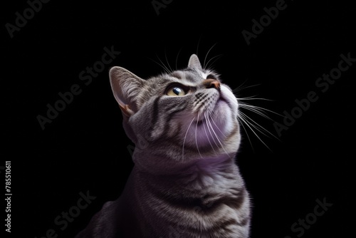 cat on a black background with a paw raised up. copy space