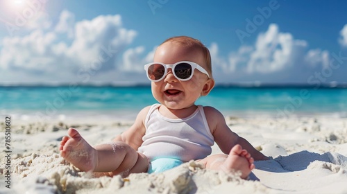 Smiling baby with sunglasses on a white sandy beach 03 © Maelgoa