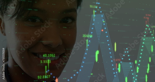 Image of data processing over asian female doctor smiling
