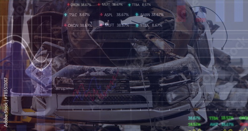 Image of stock market data processing over crane operating at junkyard