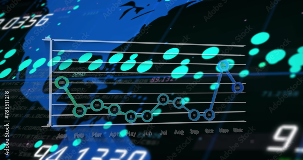 Image of financial graphs and data over world map on black background