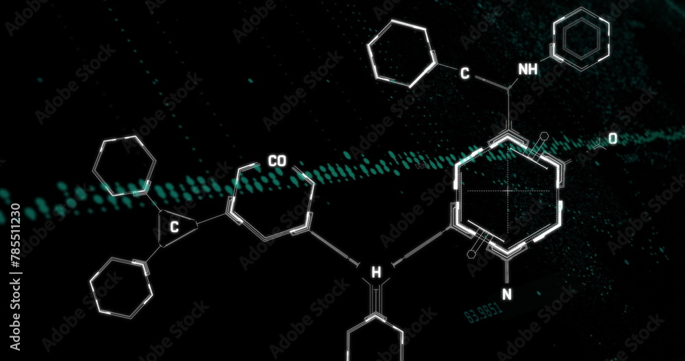 Fototapeta premium Image of graphs and chemical formulas on black background