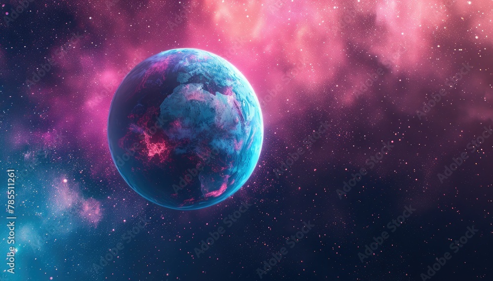 Ambient pink and blue hues envelop a distant planet in space 🌌💫✨]