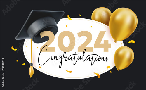 Vector illustration of graduate cap and air balloon on white and black background. 3d style design of congratulation graduates 2024 class with graduation hat and golden air balloon © wowomnom