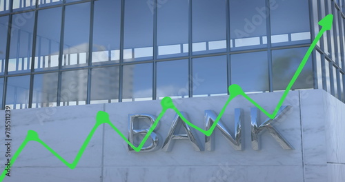 Digital image of statistical data processing against bank building