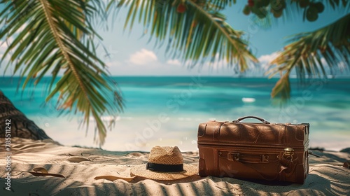 Classic brown travel case and hat under palm leaves by serene ocean  holiday vibes