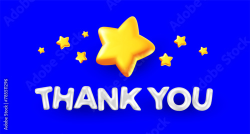 Vector gratitude illustration of cartoon golden color star and word thank you with shadow. 3d style design of shine letter thank you on blue color background © wowomnom