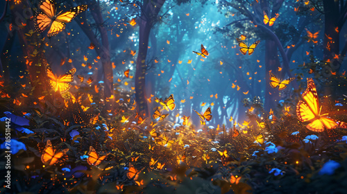 Wide panoramic of fantasy forest with glowing butterflies