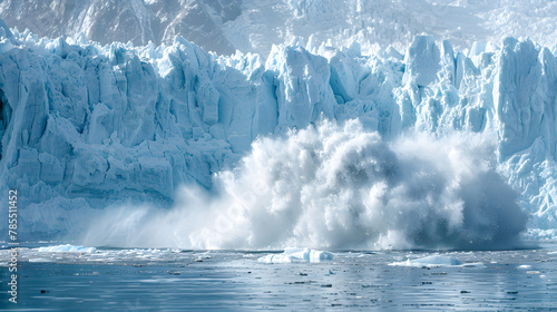 A melting glacier, with rushing meltwater as the background, during a heatwave in the Arctic