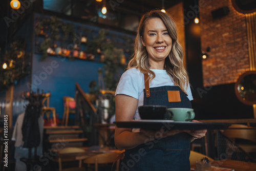 Portrait of a beautiful waitress wearing an apron, smiling at camera. Female barista in her 20s serving coffee in cafe. The concept of service. Stylish nice woman waitress in apron