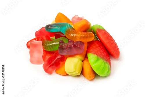 Assorted colorful gummy candies isolated on a white background. Top view. Jelly  sweets. © Nikolay
