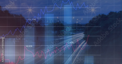 Image of financial graphs and data over night cityscape