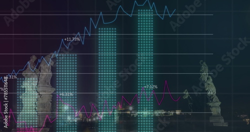 Image of financial graphs and data over night cityscape