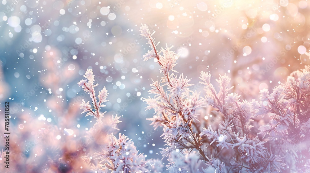 Magical winter wonderland scene with glistening snowflakes and soft light