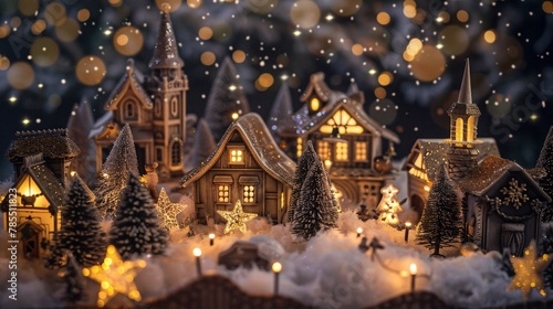 Magical holiday scene with a quaint village and twinkling stars