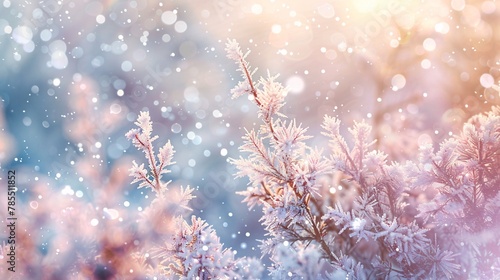 Magical winter wonderland scene with glistening snowflakes and soft light © Maelgoa