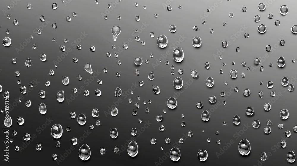 Animated modern illustration of water drops on a gray background, showing condensation of steam, vapor, and fog on wet gray surfaces. Lit by raindrops, the droplets appear clear.