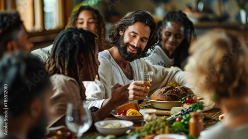 Jesus sharing a meal with people from diverse backgrounds, breaking bread together in a gesture of unity, love, and fellowship 02 photo