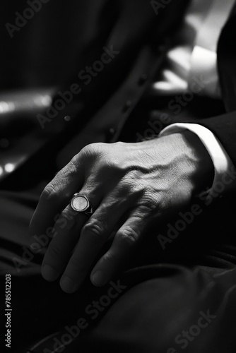 The subtle sign of power in the pinky ring of a mobster, reflecting dim light in a quiet, menacing promise