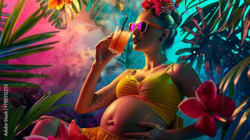 Pregnant woman with sunglasses and cocktail relaxing in a colorful ambiance 02 photo